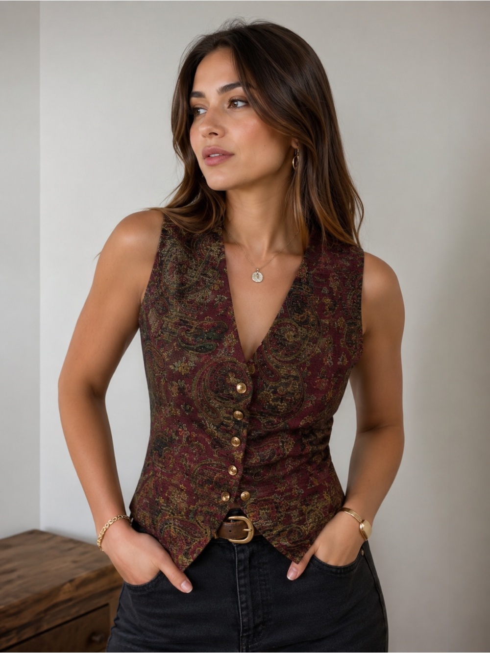 Liz Claiborne Collection Paisley Tapestry Vest Burgundy Vintage Button Women’s